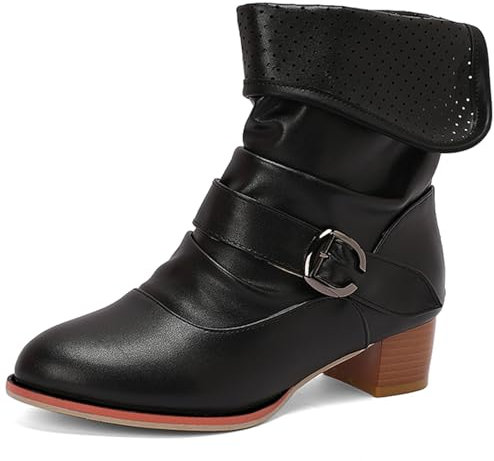 Gicoiz Donna Punta Rotonda Slouch con Risvolto Stivali Vintage Tacco a Blocco Stivali Estate Fibbia Chelsea Romano Polacchine Hollow Out con Cerniera Nero Numero 46 EU-48Cn