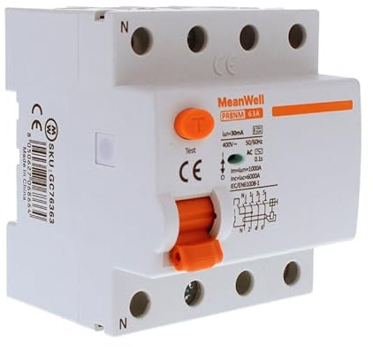 MeanWell Interrupteur différentiel pur triphasé 380 V, RCCB 6000 A 30 mA 63 A, RCD Type AC 3P+N, 4 pôles de 4 modules de barre DIN