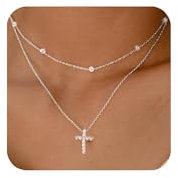 ALEXCRAFT Layered Kreuz Halskette Damen Silber 925 Kette mit Anhänger Modeschmuck für Sie Frauen Freundin Mama Kreuz Größe 12.5 * 24cm Kette Länge 45+5cm