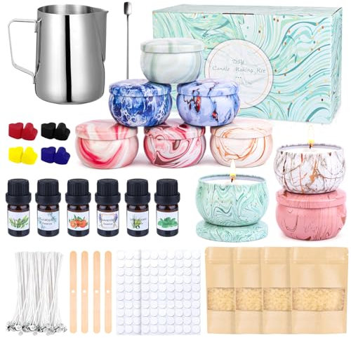 Kit para hacer velas Starter DIY Candle Set Vela Perfumada Regalos con 480g cera soja,9 latas vela,8 bloques color,100 mechas vela y pegatinas mecha, 4 pegatinas