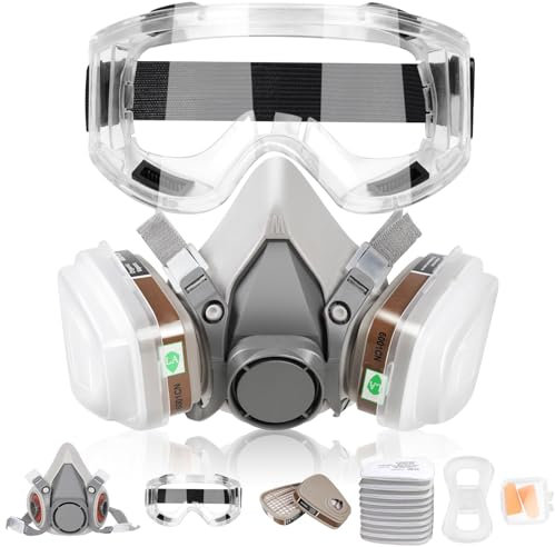 LAMANICE Respirator Mask with 10Pcs Filter Cottons, Goggles and Earplug, for Organic Vapors, Chemicals, Sanding, Welding, Woodworking, Paint, Dust, Formaldehyde (Grey)