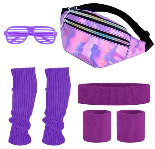 Sprinlot 80er Jahre Kleidung Sport Set, 80 90 er Jahre Outfit Damen, 80er Jahre Accessoires, Stirnband, Gürteltasche, Stulpen, Brille, Beinwärmer, Für Karneval Neon Party