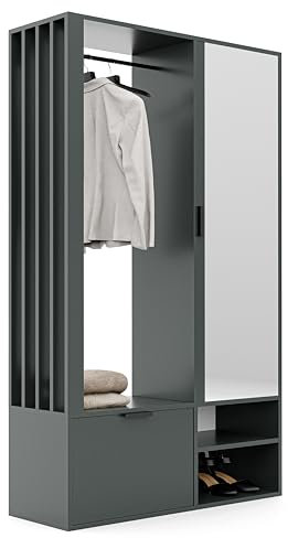GREKPOL 100x33x190 cm (Rechts/Links) Garderobe Set mit Spiegel - Flurgarderobe Set Greenstone - Garderobenschrank Flur mit Sieben Regalböden und Kleiderhaken