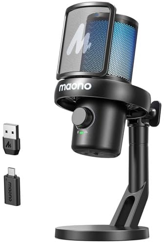 MAONO Microfono Inalambrico para PC, Microfono PC con Software de Cambiador de Voz con IA, Cancelación de Ruido, EQ Personalizado, Luces RGB Ajustables para Juegos, Podcasting, Streaming, DM40 Negro