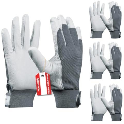 Gebol Uni Fit Comfort, 3 Paar Arbeitshandschuhe aus hochwertigem Leder, Handschuhe Herren für Bau, Mechanik & Garten mit elastischem Bund & Klettverschluss, Sicherheitshandschuhe Gr XL/10 Weiß/Grau