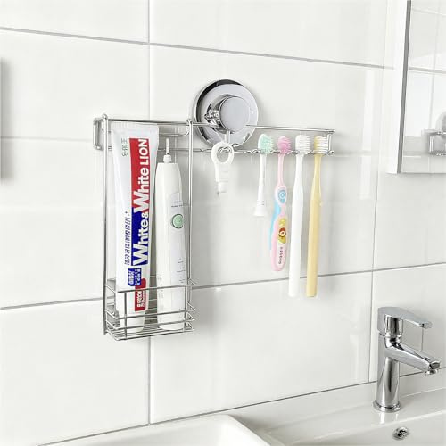 Poywaze Toothbrush Holder Wall Mounted, Suction Cup toothpaste Razor Electric Toothbrush Organizer, No Drilling Removable Anti-rust Stainless Steel Bathroom Shower Storage