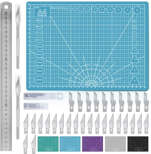 Miuzei Set di tappetini da taglio, formato A4, con righello in acciaio e 30 coltelli da artigianato, autorigenerante, tappetino da disegno (blu)
