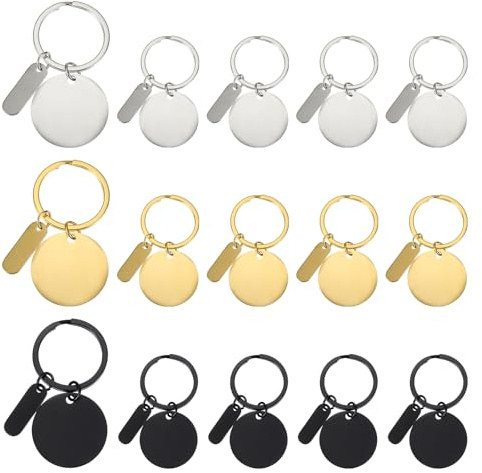 PATIKIL Edelstahl-Gravur-Schlüsselanhänger-Rohlinge, 15 Stück Metall Lasergravur-Stanzrohlinge Schlüsselanhänger-Tags mit Anhänger für DIY-Schlüsselanhänger, Gold/Silber/Schwarz Ton (Rund)