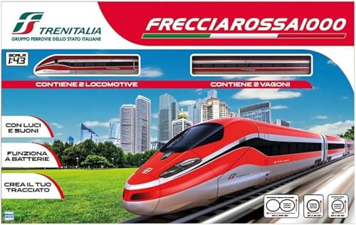 Pista Trenitalia Frecciarossa 1000 Scala 1:43 con luci e Suoni - Treno Giocattolo 2 locomotive 2 vagoni e 3 tracciati binari- Funzionamento a Batteria + portachiave cubo