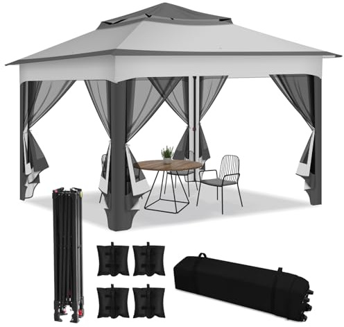 Jaxguom Pavillon 3x3m Wasserdicht Stabil, Doppeldach GartenPavillion, mit moskitonetz Metallrahmen, Plane Partyzelt Gazebo für 2-4 Personen (Grau)
