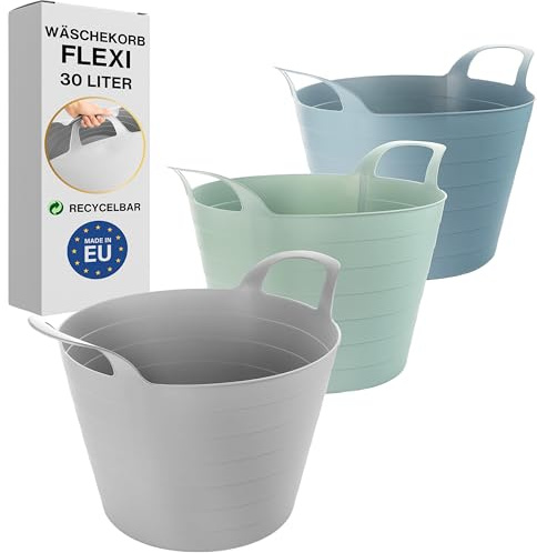 Sustania Wäschekorb FLEXI 3er Set - 30 Liter Plastik Wäschekörbe mit Griffen, 45cm Durchmesser x 40cm Höhe, Hellgrau Mintgrün Himmelblau, Flexibel & Robust