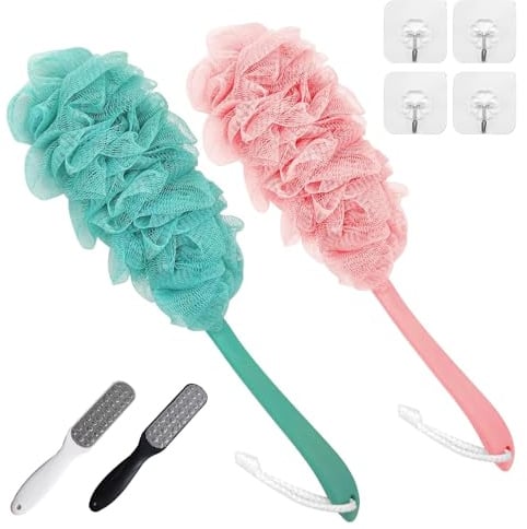 2 Pack Back Scrubber for Shower, Long Handle Loofah Sponge Brush with Soft Nylon Mesh - Exfoliating Bathing Accessories for Men, Women & All Skin Types | with 2 Double Sided Foot File and 4 Hooks