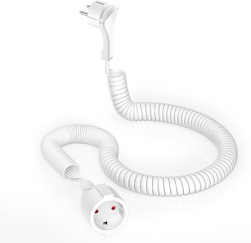 Schutzkontakt-Spiralverlängerung, 0,8 m auf 5m dehnbares Spiral-Kabel mit flachstecker & Schutzkontaktkupplung, (230V/16A) PVC Verlängerungskabel, IP20, weiß