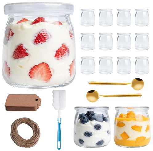 Gangyumaoyi 12 Pcs Pot Yaourt en Verre avec Couvercle, 200ml Verrines en Verre Transparents avec Couvercles pour Yaourt, Confiture, Muesli, Mousse