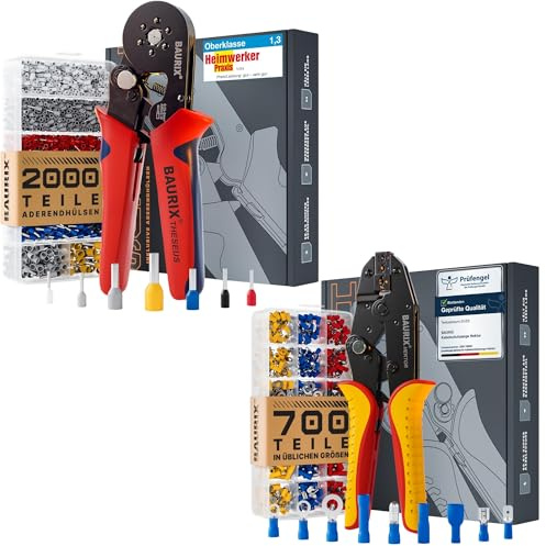 BAURIX® Crimpzangen Set – THESEUS Aderendhülsenzange selbsteinstellend 0,25–6 mm² mit 2000 Aderendhülsen & HEKTOR Crimpzange 0,5–6 mm² mit 700 Kabelschuhe
