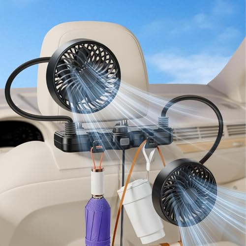xuenair 360 Hose USB Fan for Car Seat Baby Kids, 2 Storage Hook | USB Car Headrest Fan for SUV RV Pickup Desk, Dual 360 Free Rotating Reinforced Gooseneck, Stepless Speed