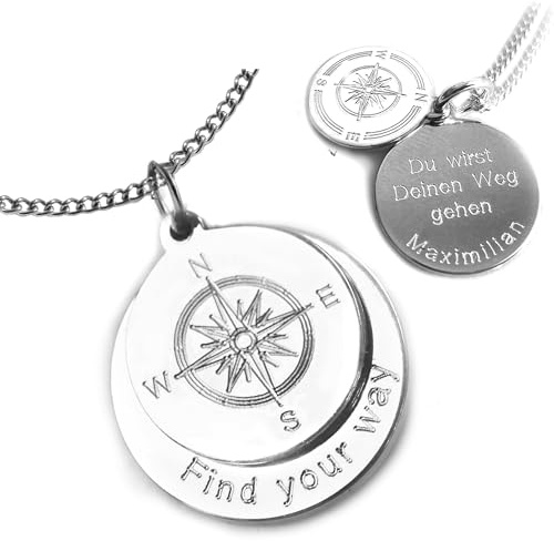 Kompass Kette mit Doppelanhänger und Gravur, 925 Silber | personalisiertes Schmuckstück für Frauen, Geburtstag Geschenk