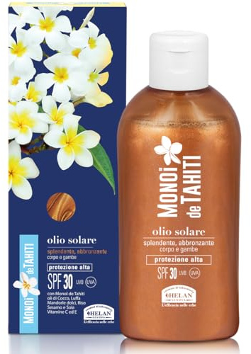 Helan Monoi de Tahiti – Strahlendes Bräunungsöl LSF 30 für Körper und Beine mit Kokosnuss-, Süßmandel- und Sesamöl, Vitamin C und E – Lichtschutzfaktor 30, 150 ml