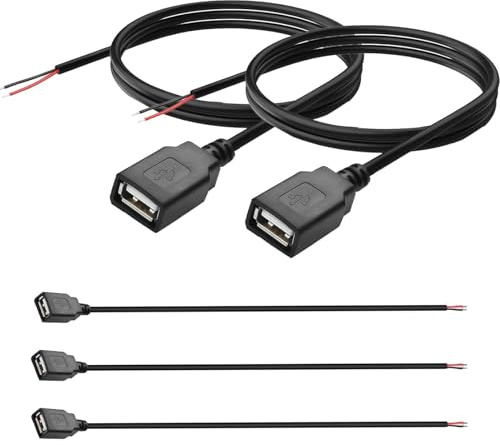 Flomiara USB Female to Bare Wire Cable 0.3m, 2 Core USB A Female Open End Extension Lead, USB Socket Pigtail Cable for DIY Wiring, LED Strip Lights, Small Electronics and Repair Projects, 5 Pack