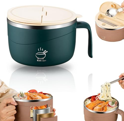 304 Stainless Steel Instant Noodle Bowl with Lid, 1200ML Double-Layer Thermal Insulation Instant Noodle Bowl, Heat Resistant Soup Bowl with Handles, Spoon & Chopsticks, Lunch Box for Kitchen (Green)