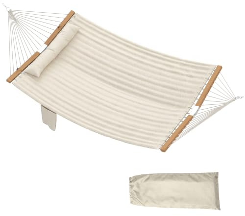 Outsunny Hängematte Outdoor 200x140cm Zweilagig mit Kopfstütze Cremeweiß | Magazintasche, Holzstäbe, Doppelhängematte Bis 200kg, für Garten, Balkon, Terrasse