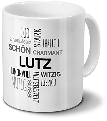 printplanet Tasse mit Namen Lutz Positive Eigenschaften Tagcloud - Schwarz - Namenstasse, Kaffeebecher, Mug, Becher, Kaffeetasse