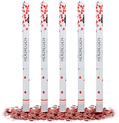 Relaxdays 5 x Party Popper 80 cm rote Herzen im Konfettikanonen Set, Konfetti Bombe für Hochzeit und Geburtstag, Konfetti Shooter 6-8 m Effekthöhe, rot metallic