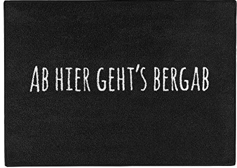 Pechkeks Fußmatte mit Spruch „Ab Hier geht’s bergab. “ (Größe 70x50cm; rutschfest, waschbar, schwarz)