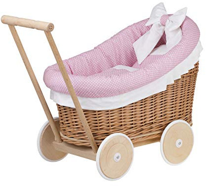 e-wicker24 Alles aus Weide Puppenwagen aus Weide mit Bettwäsche perfekte Geschenkidee Korbpuppenwagen schöner Spielzeug aus Korbgeflecht Korbwagen für Puppen Spielzeug für Mädchen (Natur, Pink)