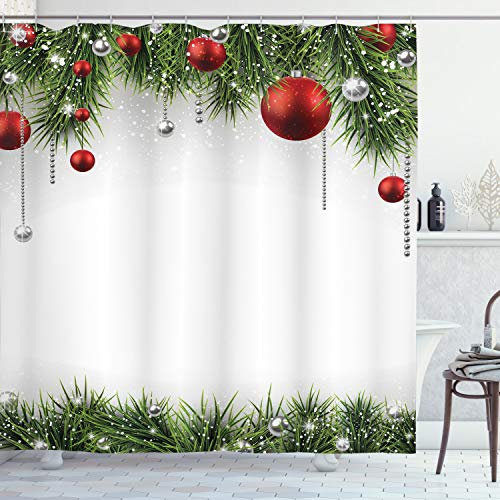 ABAKUHAUS Noël Rideau de Douche, Arbre Boules Ornements, Tissu Ensemble de Décor de Salle de Bain avec Crochets, 175 cm x 180 cm, Vert Rouge