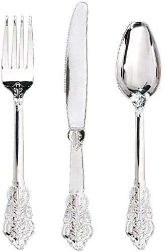 WDF 360 Pieces Silver Plastic Silverware- Disposable Flatware - Heavyweight Plastic Cutlery- Includes 120 Forks, 120 Spoons, 120 Knives for Christmas
