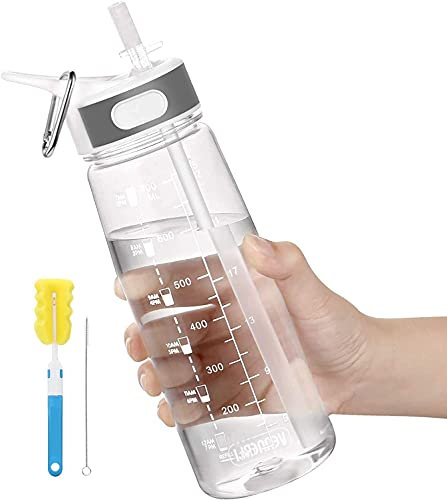 VENNERLI Wasserflasche 800ml Sport Trinkflasche mit Strohhalm Griff Zeitmarkierungen Auslaufsicher BPA Frei Ideal für Fahrrad Sport Yoga Camping (800ml Transparente)