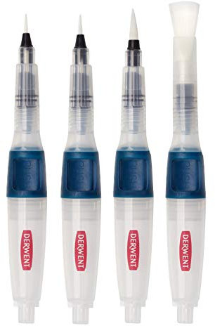 Derwent Push Button Assorted Size Waterbrush Set, contains 4 x premium watercolour brushes for use with watercolour pencils, paints and blocks, leak proof, professional quality, 2305816