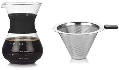 Hosoncovy 2 Pack Pour Over Coffee Maker with Filter Glass Coffee Pot Stainless Steel Coffee Filter Set 400ML Heat Resistant Coffee Pot with Silicone Sleeve Glass Tea Pot