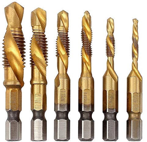 Gasea 6PCS HSS Countersink Tap Drill Bit Set, Hex Shank Titanium Coated Combination Screw Thread Metric Tap Drill Bits M3–M10 for Wood, Plastic, Aluminum, Copper, Soft Metals