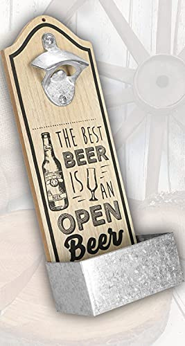 Wandflaschenöffner - The best beer is an open beer - Flaschenöffner für die Wand | Bieröffner mit Auffangbehälter für Kronkorken im Retro Vintage-Design