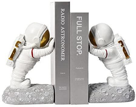 Decorative Pushing Astronauts Home Office Adult Kids Bookends Set (ASTRO1) White
