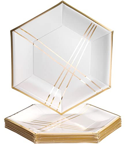 Silver Spoons Abstract Design Paper Plates | Hexagon Dinner Plates | Deco Collection | 10.25 | White/Ivory