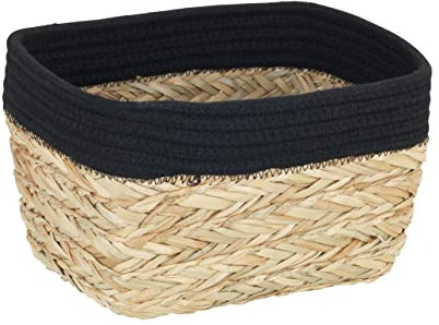 WENKO Aufbewahrungskorb Rika M, dekorativer Korb für kleine Accessoires aus naturnahem Borstengras abgesetzt mit Stoff aus Baumwolle, 80% Naturfaser und 20% Baumwolle, 18 x 25 x 15 cm, Braun/Schwarz