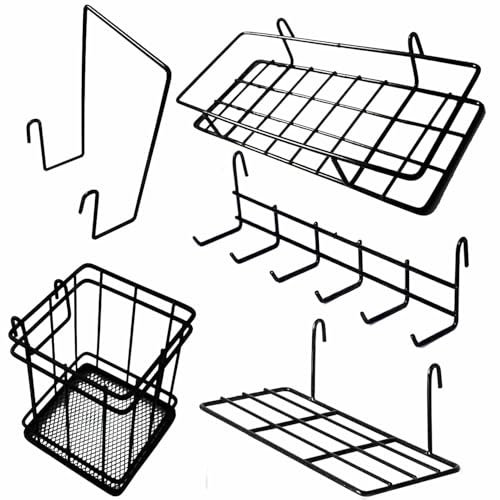 Wandgitter zubehör Wandgitter Schwarz Hängekorb, Hängeregal, Stifthalter, Hakenablage, Bücherregal, 5-Teiliges Multi-Funktion Metall Wandgitter deko