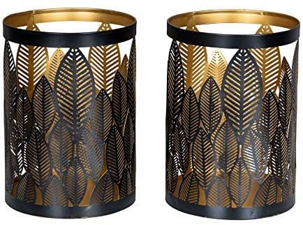 levandeo 2er Set Windlicht 13x18cm Schwarz Gold Metall Teelichthalter Blattdekor Blumendekor Tischdeko Industrial Kerzenhalter