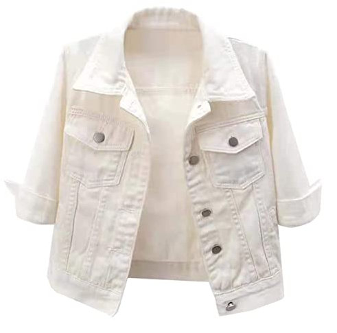 HYMCX Women's Short Sleeve Cropped Denim Jacket 3/4 Sleeve Ripped Distressed Jean Jackets Coat (Color : White, Size : L)