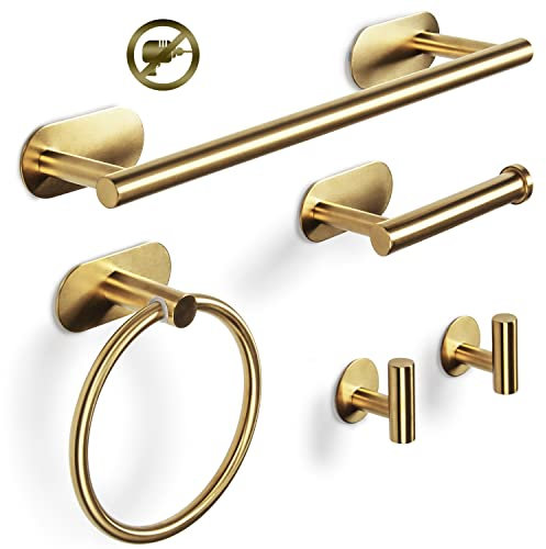 Virklyee Conjunto Toallero Toallero de 5 Piezas: Toallero de Acero Inoxidable Anillo de Toalla Portarrollos para Papel Higiénico 2 Gancho Montado en la Pared Accesorios de Baño Autoadhesivo (Oro)