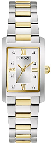 Bulova Ladies' Classic Diamond Two-Tone Stainless Steel 3-Hand Quartz Watch, Rectangle Silver Dial Style: 98P205