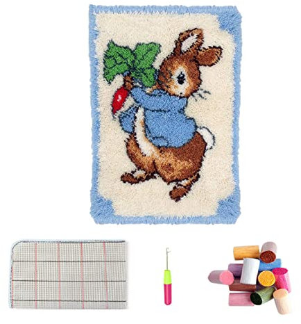 VIONNPPT DIY Süß Karikatur Hase Bär Löwe Knüpfteppich Zum Selber Knüpfen Stickkissen Teppich, Latch Hook Kits Geschenk Set für Neujahr Ostern Valentinstag (Kaninchen,50cmx38cm)