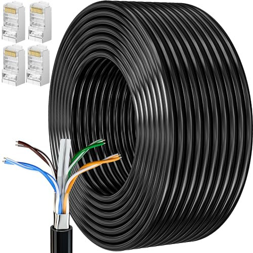 MEIPEK Cavo Ethernet 20 Metri, Cat6 Bobina Cavo Lan per Esterno Schermato Cavo di Rete Cross 20mt Molto Lungo Filo Ethernet FTP AWG23 Gigabit Anti-jamming Cavo Internet Alta Velocità Cavo Patch Nero