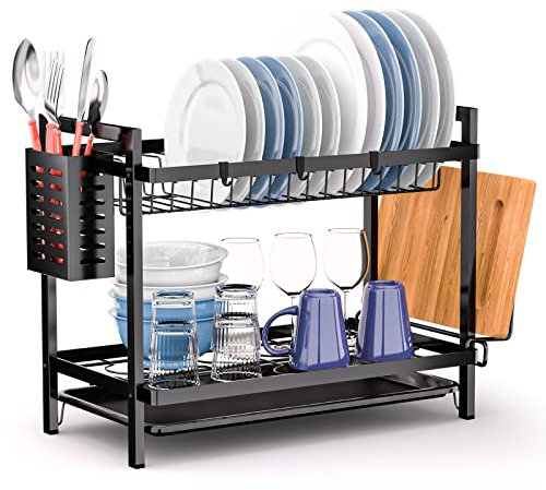 Dreamhigh® Escurreplatos Acero Inoxidable Grande 2 Pisos, Escurridor de Platos para Fregadero con Bandejas de Goteo,Soporte de Cubiertos, Soporte de Vaso, Apto para Familia de 4-6 Personas
