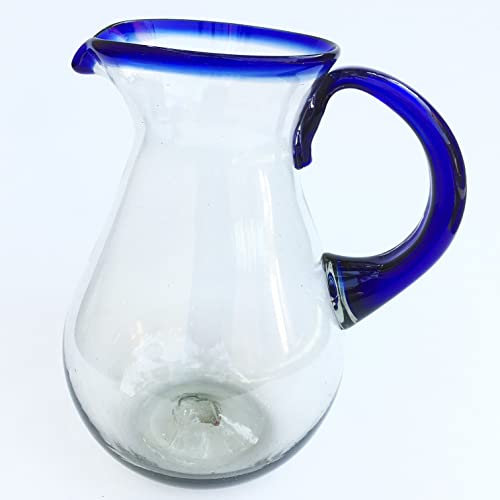 MexHandcraft Cobalt Blue Rim 84 oz Tall Pear Pitcher, Recycled Glass, Lead-free, Toxin-Free (Pitcher)