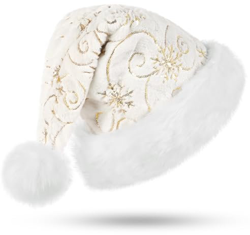 CITÉTOILE Erwachsener Weihnachtsmütze, Blattmuster mit Silberstickerei, Lange Pelz Krempe und Pelz Ball Weihnachtshut, Plüsche Nikolausmütze für Damen und Herren, Weiß