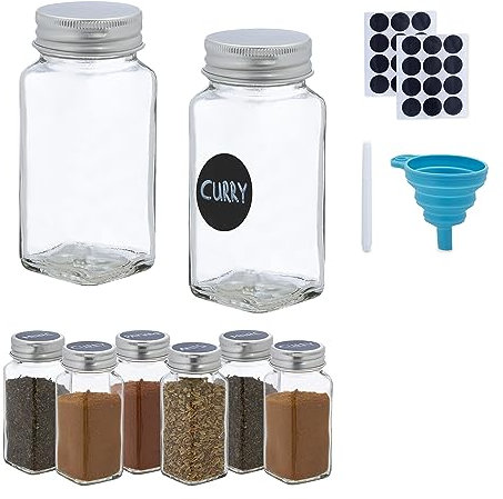 Relaxdays 8er Set Gewürzgläser 8 Botes Especias con Dosificador, Trarros Hierbas Aromáticas 120 ml, Etiquetas, Embudo, Cristal, Transparente, 11 x 4 x 4 cm